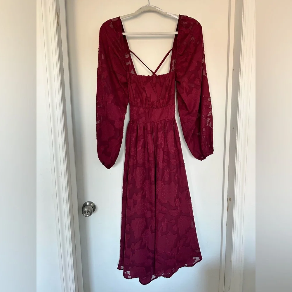 Lulus Burgundy Floral Long Sleeve Lace-Up Back Midi Dress - Picture 5 of 8